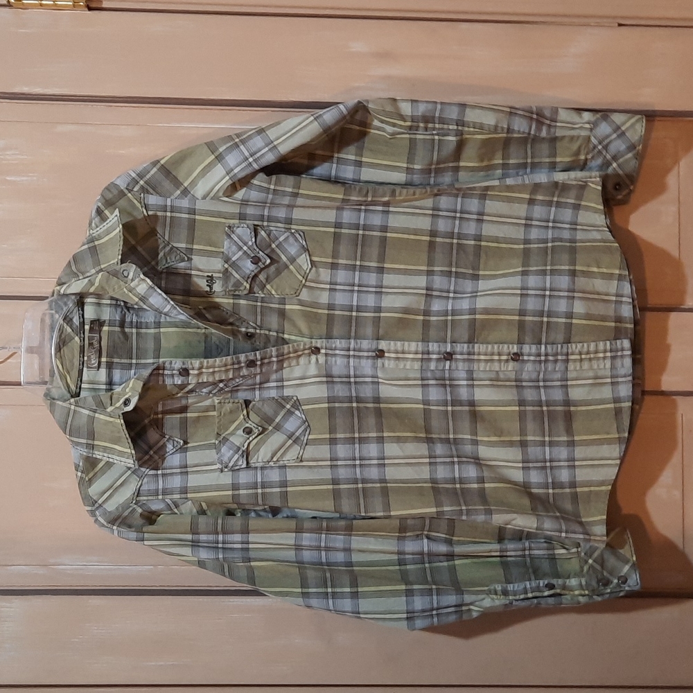 Cruel Girl western shirt pearl buttons fancy yoke show M olive brown lt blue